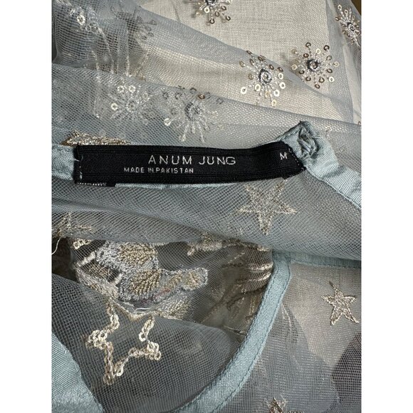 Anum Jung Blue Embroidered Beaded Kurta Unlined Tunic Blouse M - Picture 4 of 10